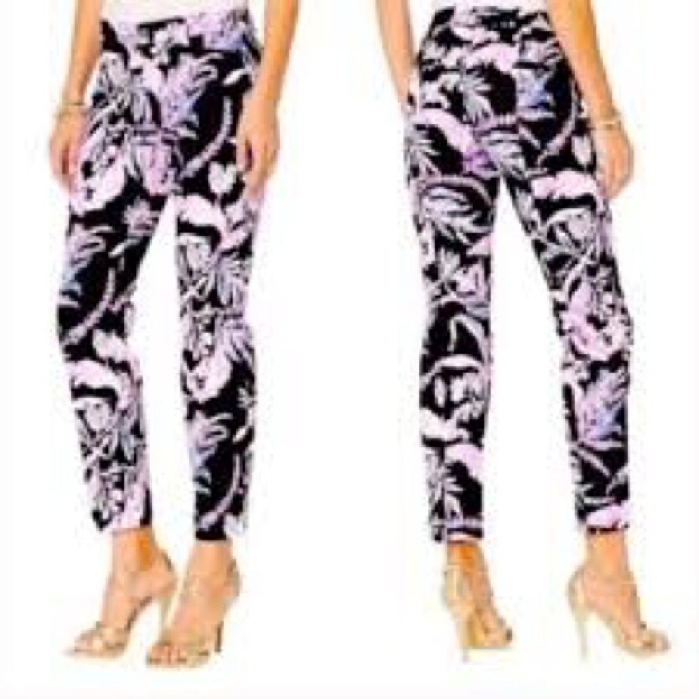 Lilly Pulitzer Women's 4 Kelly Ankle Pants Black Pink Purple Wildflower Floral - Picture 2 of 13